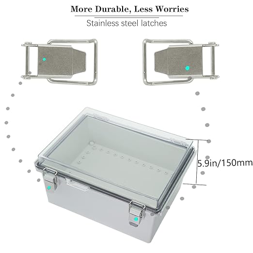 Zulkit Junction Box ABS Plastic Dustproof Waterproof IP67 Electrical Boxes Hinged Shell Outdoor Universal Project Enclosure Grey Clear Cover, Stainless Steel Buckles (13.8 x 9.8 x 5.9 Inch