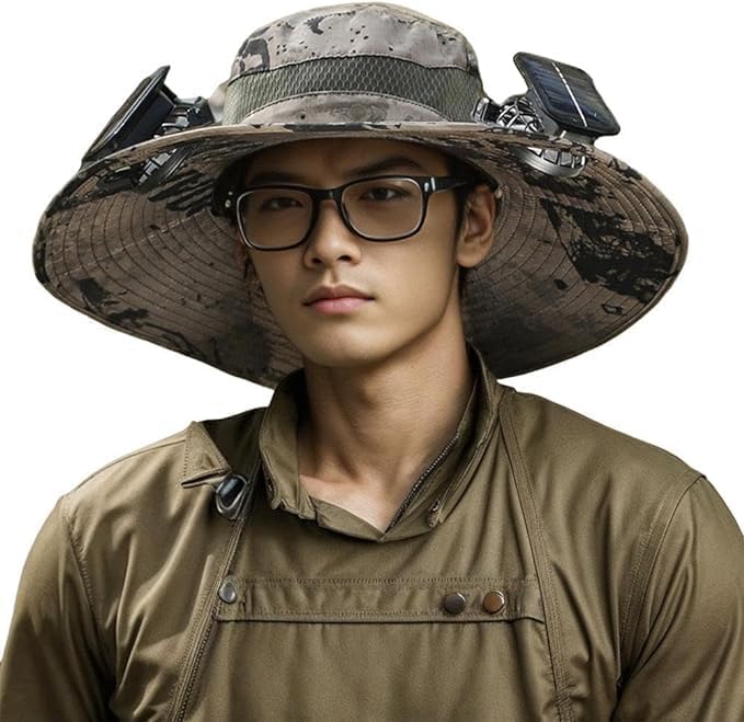 Solar Fan Hat, Wide Brim Solar Powered Fan Hat for Men Women, UPF 50+ Fishing & Beach Sun Hat with Solar Powered Fans