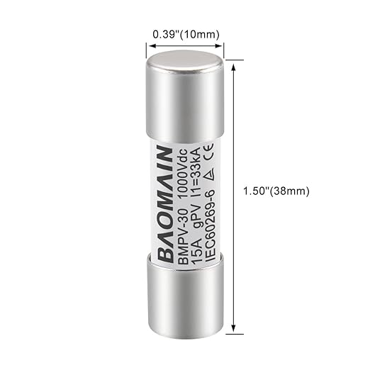 Baomain 10-Pack gPV Solar PV Fuse 15A 1000V DC, 10x38mm, 33kA Breaking Capacity, CE Listed for Photovoltaic Systems, Combiner Boxes (15 Amp.)
