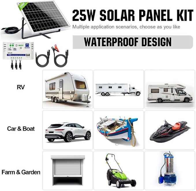ECO-WORTHY 25 Watts 12V Off Grid Solar Battery Charger Kit: Waterproof Solar Panel + Adjustable Mount Bracket + SAE Connection Cable +10A Charge Controller for Car RV Marine Boat 12V Battery