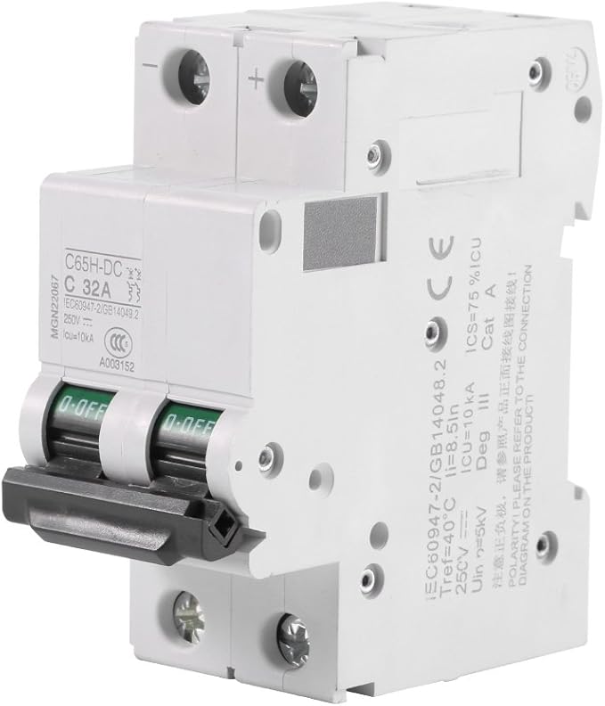 DC Miniature Circuit Breaker, Low Voltage 2 Pole 250V 32A DIN Rail Mount, DC Disconnect Switch for Solar Panels Grid DC System (32A)