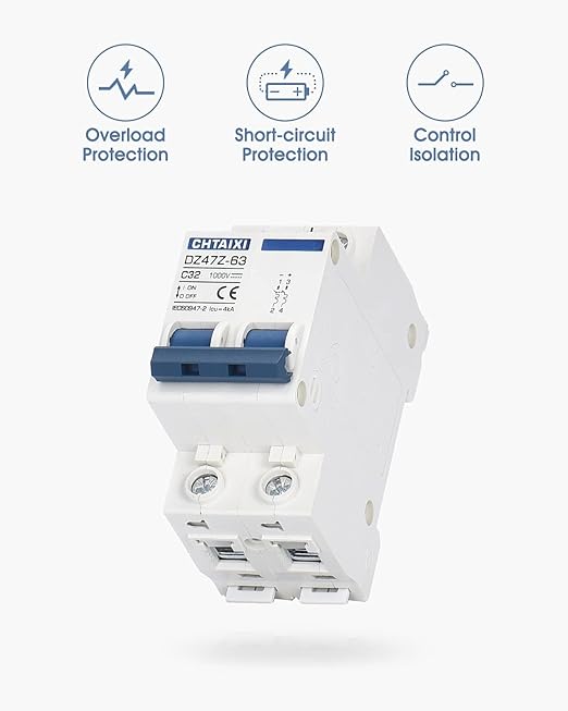 DC Miniature Circuit Breaker, 2 Pole 1000V 32 Amp Isolator for Solar PV System, Thermal Magnetic Trip, DIN Rail Mount, Chtaixi DC Disconnect Switch C32
