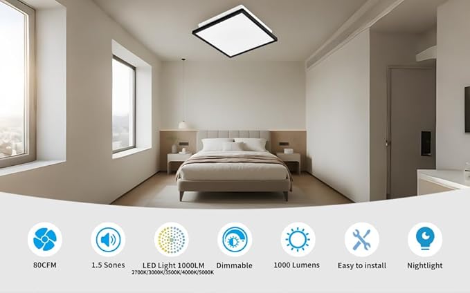 Tech Drive Bathroom Exhaust Fan with Light,80 CFM,1000lm Dimmable 5CCT LED Light with Night Light Selectable, Quiet Ventilation Fan,Energy Star Bath Fan, Decorative Black Trim, Easy to Install