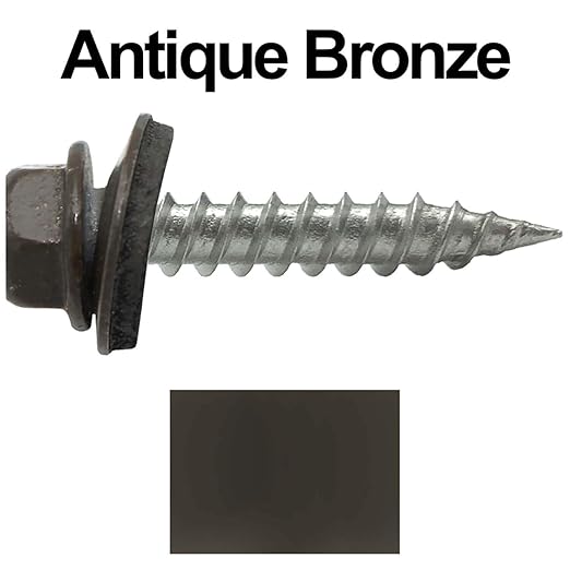 9 x 1 Antique Bronze Stainless Steel Metal Roofing Screws - Hex Washer Head - Self-Piercing (SP) tip Metal to Wood siding Screws - EPDM Washer. 12 X 250 Bags - 3,000 Screws