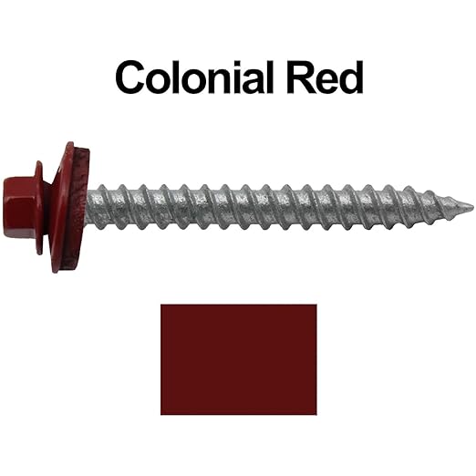 Metal Roofing Screws: (250)12 x 2" Colonial RED Hex Sheet Metal Roof Screw. Sharp Point Metal to Wood siding Screws. 5/8" EPDM Washer