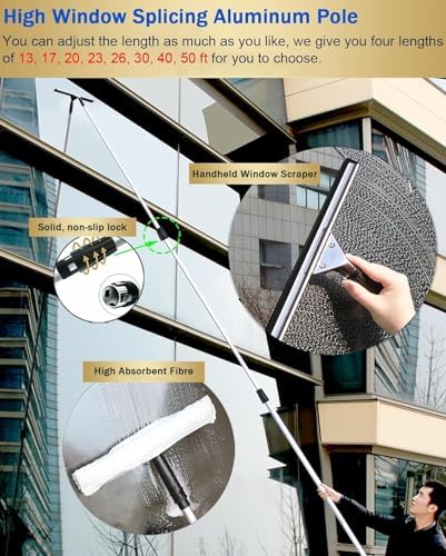 Telescoping Aluminum Window Cleaner Tool Kit, 13-50 Ft Extendable Pole for High Windows & Solar Panels, Professional Outdoor Cleaning Equipment