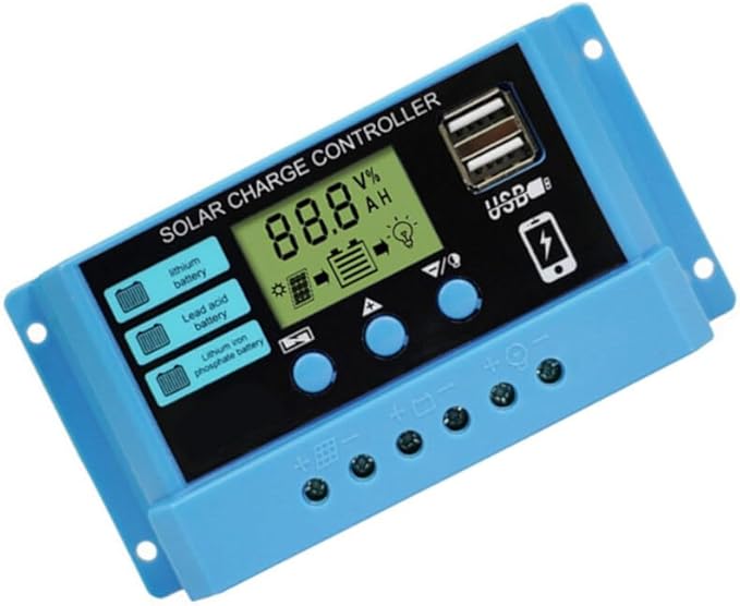 Solar Charge Controller 12V/24V 30A PWM Solar Charge Controller Regulator with LCD Display, Dual USB Ports 5V Output , for Lithium, Sealed, Gel Batteries