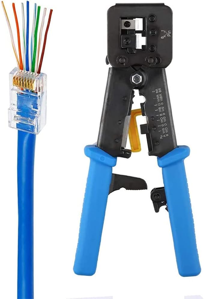 RJ45 Crimping Tool Ethernet Crimper for Cat6 Cat5 Cat5e RJ45 Pass Through Connectors and R11/RJ12 Regular Ends with 50Pcs Connectors, 50Pcs Covers and Mini Wire Stripper