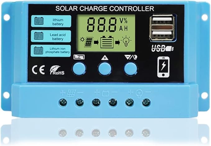 Peidesi PWM 30A Solar Charge Controller 12V 24V PV Regulator for Lifepo4 Lithium Gel Lead Acid for 100W 200W 300W Solar Panel LCD Display Dual USB 5V Output PDS-12V30A-CON