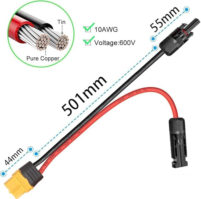 XT60 Solar Cable,10AWG 60cm Solar Connector to XT60 Female Adapter Extension Cable for LiFePO4 Battery RV Portable Power Station Solar Generator