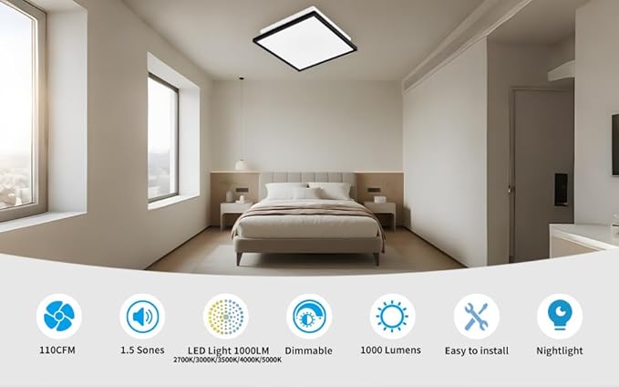 Tech Drive Bathroom Exhaust Fan with Light,110 CFM,1000lm Dimmable 5CCT LED Light with Night Light Selectable, Quiet Ventilation Fan,Energy Star Bath Fan, Decorative Black Trim, Easy to Install