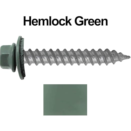 Metal Roofing Screw: (250) 12 x 1-1/2" Hemlock Green Hex Sheet Metal Roof Screw. Sharp Point Metal to Wood siding Screws. 5/8" EPDM Washer.