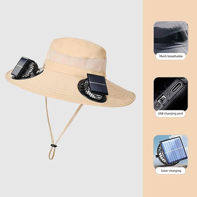 Wide Brim Sun Hats with 2 Solar Fan Outdoor Fishing Hat for Men Solar Powered Fan Hat Adjsutable 180°Rotating Cooling UPF 50+