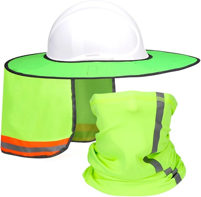 Hard Hat Sun Shade with Full Brim Visor, Shield Your Neck from Sun, Men's Construction Accessories for Hardhat Hats UV Sunshade Helmet Attachment with Reflective Strip, 2 pcs Set