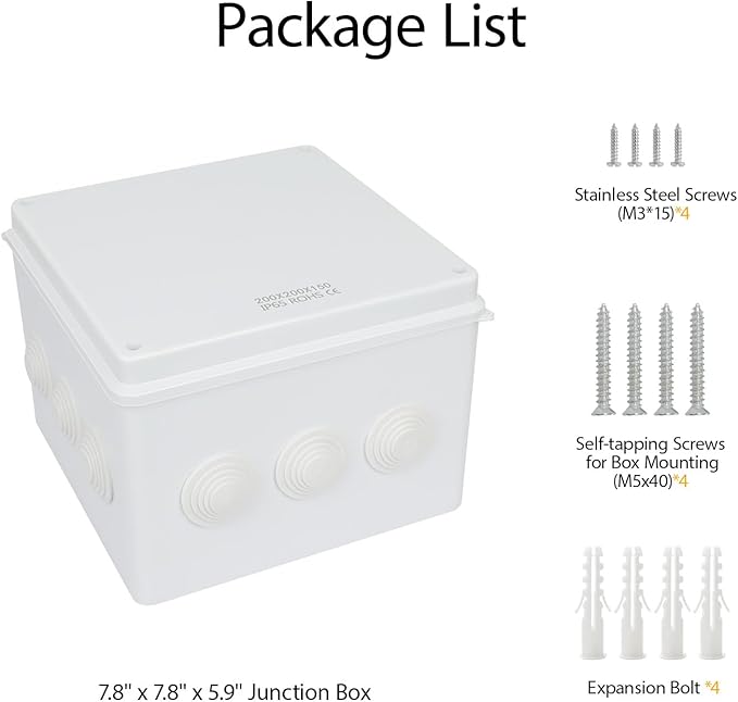LeMotech Junction Box, ABS Plastic IP65 Waterproof and Dustproof, Universal Electrical Enclosure, Outdoor and Indoor Project Box 7.8X 7.8X 5.9 inch (200 x 200 x 150 mm)