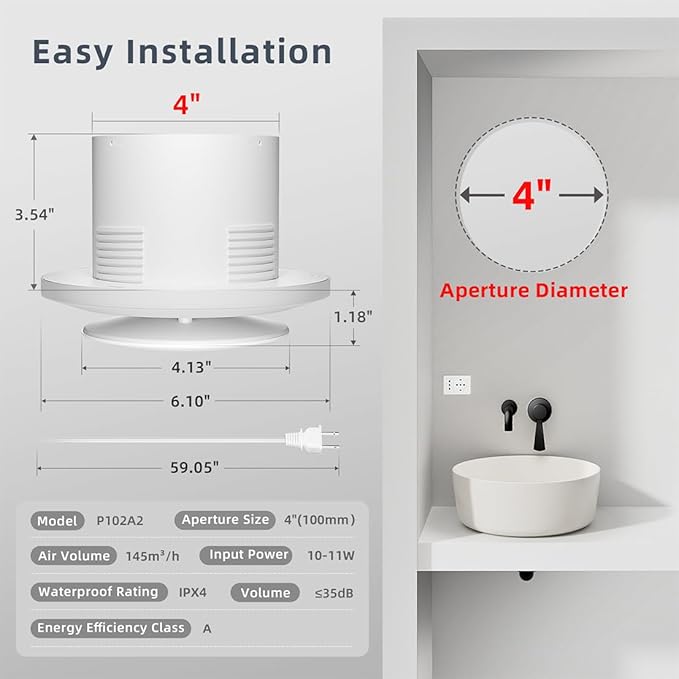 4 Inch Bathroom Exhaust Fan with Switch, Upgraded Exhaust Fan Low Noise IPX4 Waterproof 2600RPM Household Ventilation Fans, Window Ceiling Wall Mount Vent Fan for Attic Basement Garage Washroom P102A2