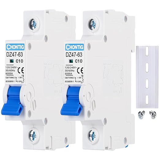 MCB C10 10A Miniature 1 Pole Circuit Breaker 2 Pack with DIN Rail Mount, 120V/240V AC Protection for Solar Panels, RV Power Center, Home Electrical Systems