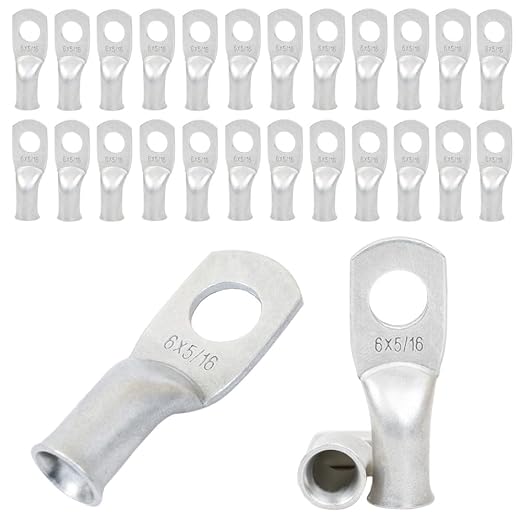 6 AWG 5/16" Stud (25 pcs.), Heavy Duty Tinned Battery Cable Lugs 6 Gauge Wire Connectors 6 AWG Ring Terminals Copper Wire Lugs Bare Copper Eyelets