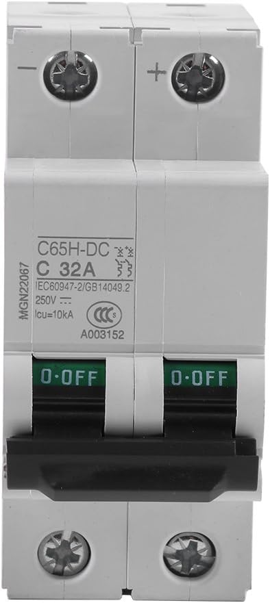 DC Miniature Circuit Breaker, Low Voltage 2 Pole 250V 32A DIN Rail Mount, DC Disconnect Switch for Solar Panels Grid DC System (32A)