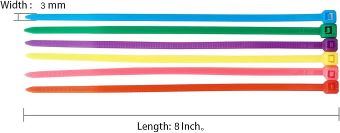 QDiShi 600pcs Small Colored Zip Ties 8 Inch Multi-Color Zip Wire Tie for Deco Mesh Wreath Supplies, Colorful Plastic Ties Yellow, Blue, Red, Green, Pink, Purple Zip Ties (100 per color)