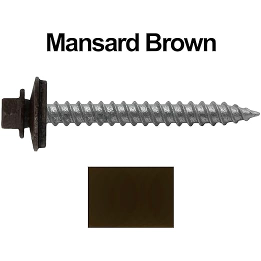 Metal Roofing Screws: (250) 12 x 2 Mansard Brown Hex Sheet Metal Roof Screw. Sharp Point Metal to Wood siding Screws. 5/8" EPDM Washer