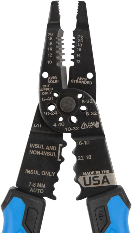 Klein Tools 1025 Long Nose Multi-Purpose Wire Stripper, Made in USA Professional Electrician Tools, Crimping Tool, Cable Stripper for 10-20 AWG Solid, 12-22 AWG Stranded Wire