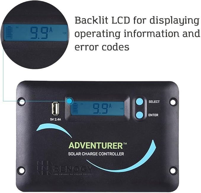 Renogy 30A 12V/24V PWM Solar Charge Controller with LCD Display Flush Mount Design Negative Ground, Compatible with Sealed, Gel, Flooded and Lithium Batteries, Adventurer 30A,black