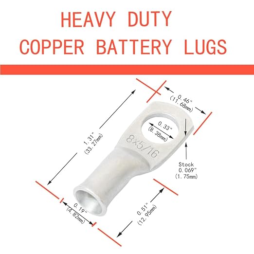 8 AWG 5/16" Stud (10 pcs.) Battery Ring Terminal, 8 Gauge Wire Connectors,8 Gauge Battery Cable, Wire Lugs, Tubular Ring Terminal Connectors, Battery Terminal Connectors, Tinned Copper Eyelets