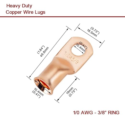 10Pcs 1/0 AWG 3/8" Heavy Duty Battery Ring Terminal 1/0 Gauge Wire Connectors 1/0 AWG Battery Cable lugs 3/8 Bare Copper Wire Lugs