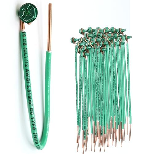 (Pack of 50) 12 AWG Solid Copper Ground Wire with Green Ground Screws – 6.5" Edge-Stripped Grounding Wire, 5/8" Strip, 10-32 x 3/8" Captive Green Screws for Electrical Boxes