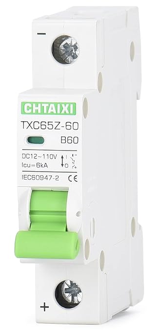 12V-110V DC Miniature Circuit Breaker, 60 Amp 1 Pole Battery Breaker Protector for Solar PV System and RV, Thermal Magnetic Trip, DIN-Rail/Surface Mount, Chtaixi DC Disconnect Switch B60