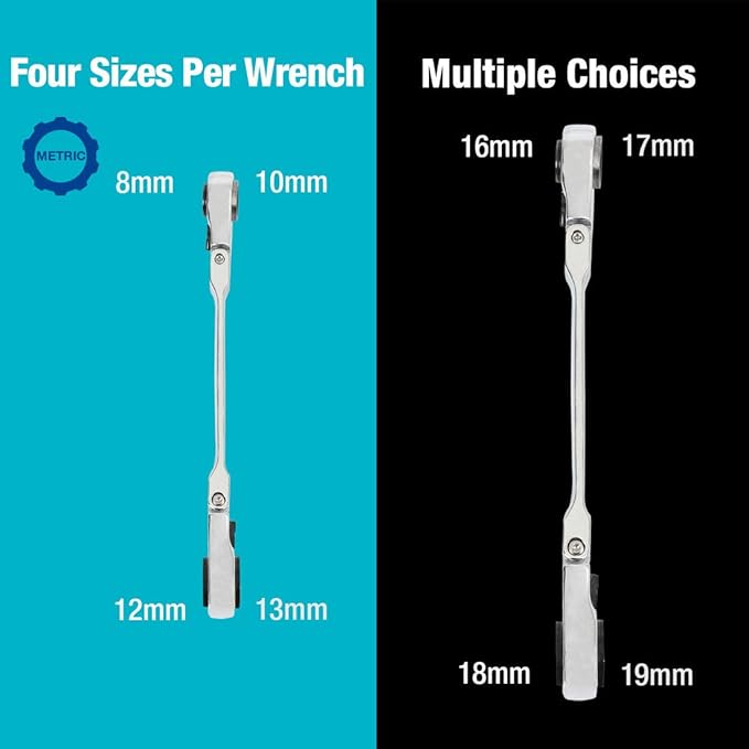 DURATECH 4-in-1 Flex-Head Reversible Ratcheting Box Wrench Set, Metric, 2-Piece, 8mm to 19mm, 12 Point, CR-V Steel, with Rolling Pouch