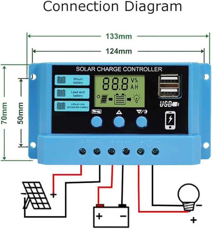 Solar Charge Controller 12V/24V 30A PWM Solar Charge Controller Regulator with LCD Display, Dual USB Ports 5V Output , for Lithium, Sealed, Gel Batteries