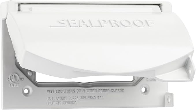 Sealproof 1-Gang Horizontal Weatherproof Outdoor Metal Flat Outlet Cover, Single Gang Electrical Power Receptacle Protector, UL Listed, 4-in1, White