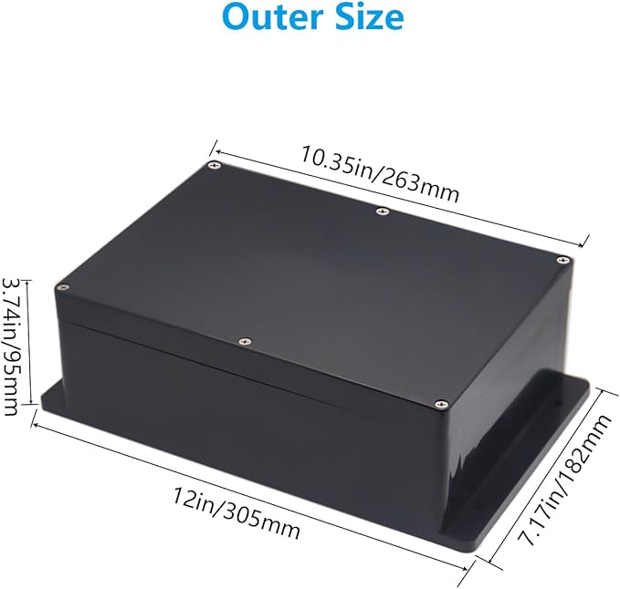 Project Box ABS Black Electrical Boxes IP67 Outdoor Waterproof Junction Box Electronic with Mounting Ears Includes Cable Glands for DIY Project 10.4 x 7.2 x 3.7 inch (263x182x95mm)