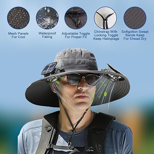 Solar Fan Hat with Dual Fans – Solar Powered Wide Brim Hat with Removable Fans for Outdoor Activities | USB & Solar Charging | Ideal for Fishing, Hiking, Gardening, and Outdoor Sports Khaki