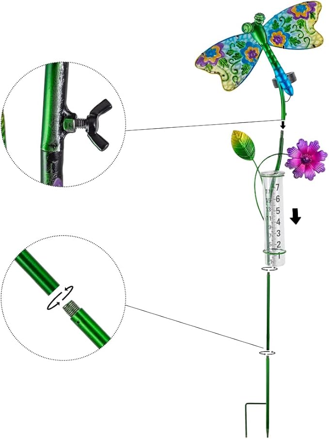 Solar Rain Gauge Outdoor, Dragonfly Rain Gauge, 7 Inch Tube Decorative Rain Measure Gauge, Metal Rain Measure Tool for Garden, Lawn Ornaments