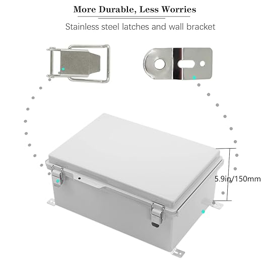 Zulkit Junction Box,IP67 Waterproof Electrical Box Hinged Cover Stainless Steel Buckle Plastic Enclosure for Project w Mounting Plate Wall Bracket and 2 Cable Gland Grey 13.8"x9.8"x5.9"/350x250x150mm