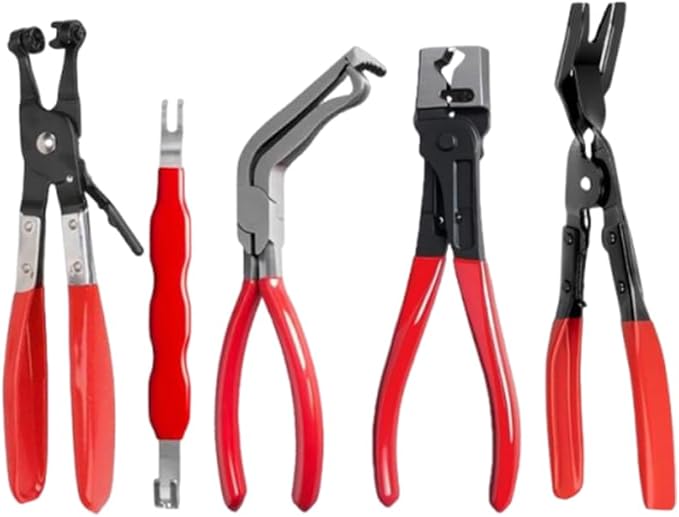 5-Piece Automotive Electrical Disconnect Pliers Kit, High-Carbon Steel 60° Angled Connector Separator, Hose Clamp Pliers, Trim Clip Removal Tools, Plug Release & Wire Terminal Remover for Auto Repair