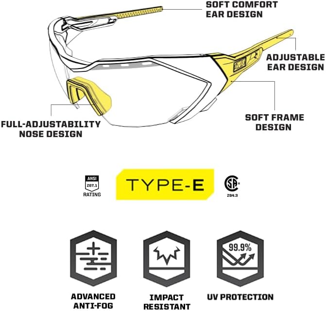 Mechanix Wear: Vision Type-E Safety Glasses with Advanced Anti Fog, Scratch Resistant, Black Half Framed Protective Eyewear, Lightweight, Adjustable Arms and Nose, For Outdoor Use (Fire Mirror Lens)