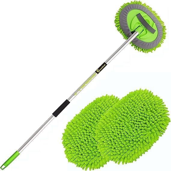 62" Long Reach Car Wash Mop with Dual Soft Heads - Gentle Chenille & Absorbent Microfiber Mitt for Safe Cleaning on Vehicles, SUV, Truck & RV (2 Extra Replacement Heads)