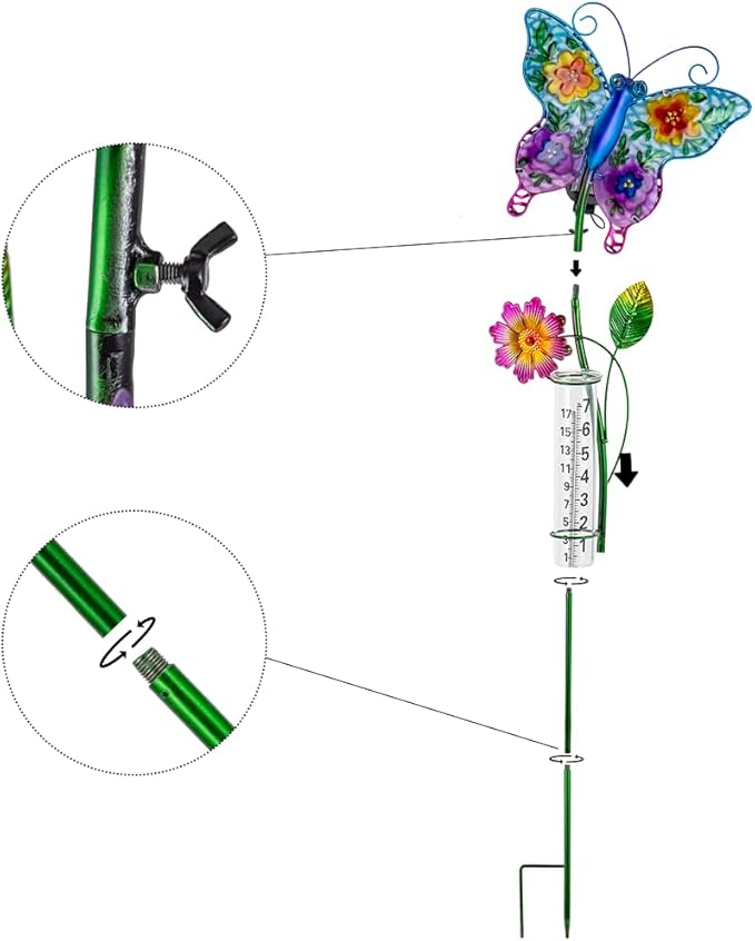 Solar Rain Gauge Outdoor, Butterfly Rain Gauge, Decorative Stained Glass Rain Measure Tool, 7 Inch Tube Rainfall Measurement for Patio, Yard and Garden