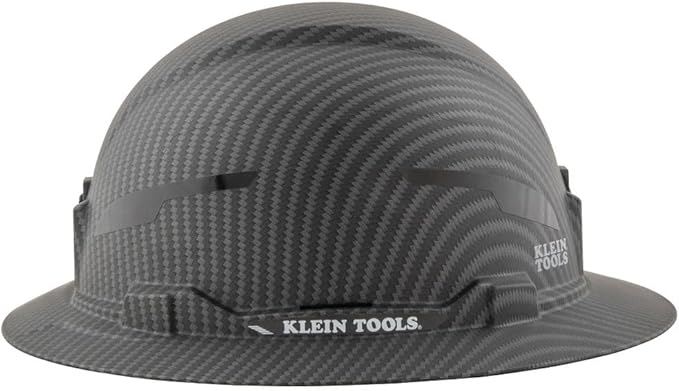 Klein Tools Hard Hat, Non-Vented Full Brim, Premium KARBN Pattern, Class E, Tested up to 20kV, Padded Sweat-Wicking Sweatband, Top Pad