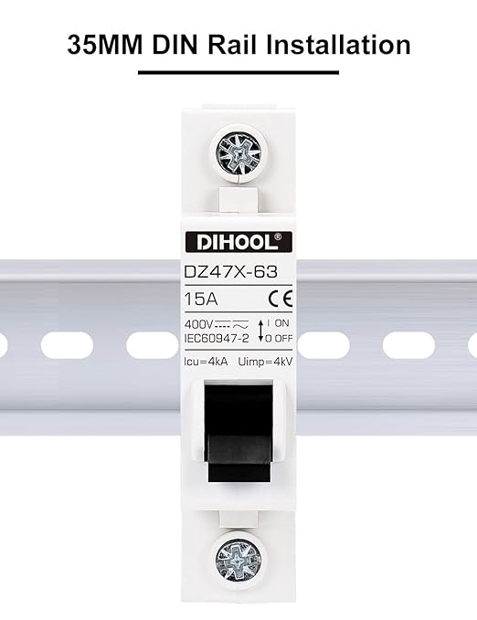 DIHOOL AC/DC Miniature Circuit Breakers, 2 Pack, Single Pole 15 Amp, 12V 24V 48V 400V, Non Polarized, Solar Disconnect Switch, DIN Rail Mount, RV Battery Isolator, PV Array MCB, Thermal Magnetic Trip