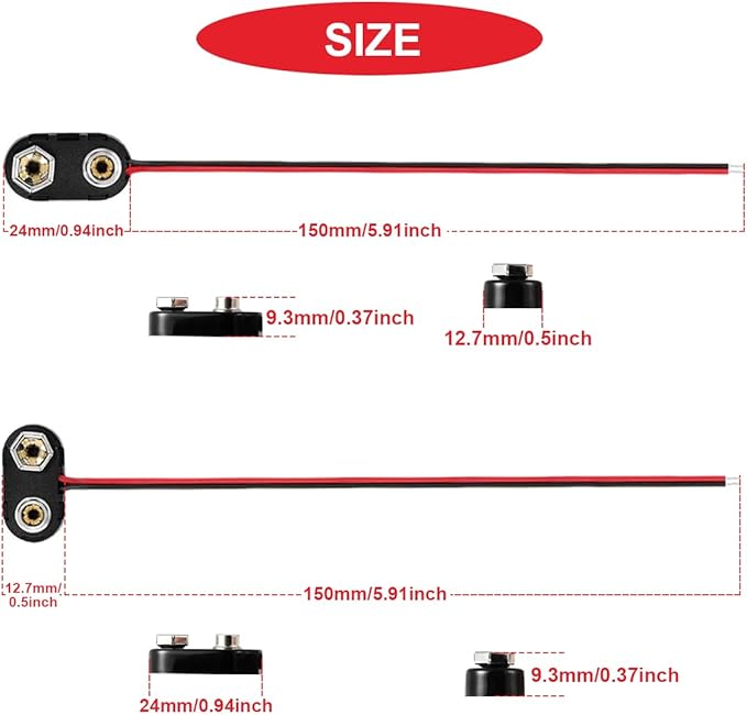12Pcs 9v Battery Connector Clip with UL1007 24AWG Leads Wires,I-Type/T-Type Plastic Housing Pigtail Snap with Alligator Clips,2.1mm X 5.5mm DC Male/Female Power Plug,for Arduino Led Light