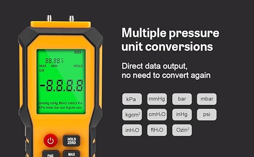 YZT Meter Manometer Air Pressure Meter, Digital Differential Pressure Gauge, HVAC Gas Pressure Meter Dual-Port Manometer Gas Pressure Tester (9v Battery Included)…