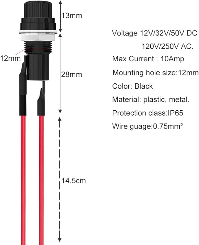 Pre-Wired Panel Mounted Screw Cap Fuse Holder - 6pcs, 5 x 20mm, AC 10A 250V, Black