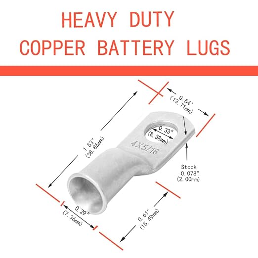 25Pcs 4 AWG 5/16" Stud Tinned Copper Ring Terminals Battery Cable Ends Wire Lugs 4 Gauge Battery Cable Lugs Heavy Duty Cable Lugs Bare Copper Eyelets Tubular Ring Terminal Connectors
