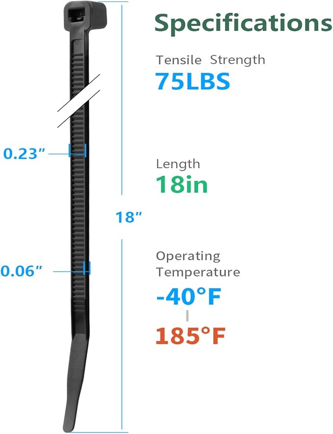 Eletoo18 Inch Black Zip Ties Heavy Duty 1000 Pack, 75LBS Tensile Strength, Self-Locking Heavy Duty UV Resistant Cable Ties for Indoor and Outdoor Use