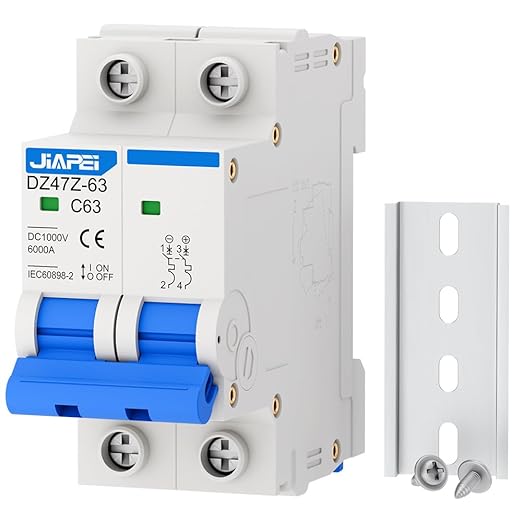 DC Miniature Circuit Breaker, 1000V 2 Pole 63 Amp Isolator for Solar PV System, Thermal Magnetic Trip DIN Rail Mount, C63 DC Disconnect Switch
